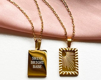 Sunburst Etched "SHINE BRIGHT BABE" Necklace, 18K Gold Plated Rectangle Pendant, motivation inspirational mantra jewelry, gift for her, boho