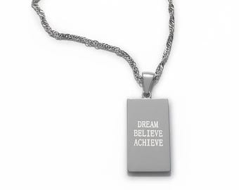 Engraved Reversible Pendant Necklace: Dream Believe Achieve, Starburst Design