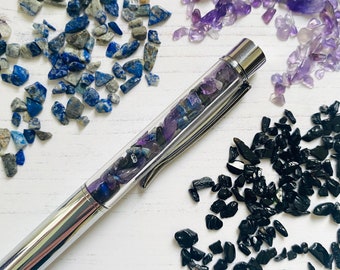 Crystal pen for protection, calmness, communication, anxiety: Lapis Lazuli, Black Tourmaline, Amethyst. Reiki charged.
