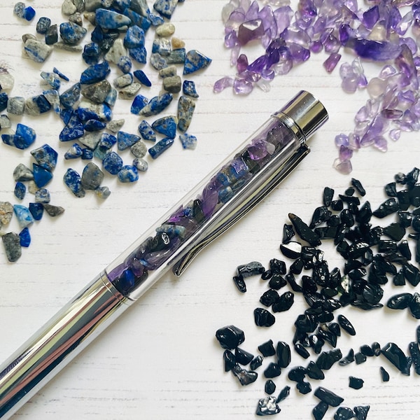 Crystal pen for protection, calmness, communication, anxiety: Lapis Lazuli, Black Tourmaline, Amethyst. Reiki charged.