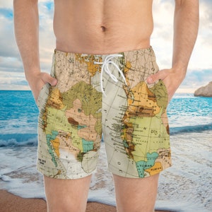 Maillot de bain, impression carte du monde old school, maillots de bain impression d'art « Mapa Mundi », maillot de bain carte du monde marron/beige.