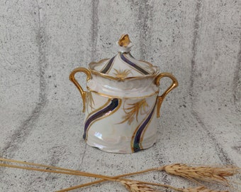 Vintage Ceramic Sugar Bowl with Flowers and Golden Edge and Handles, Art Decor Kitchen Decoration, Mother's Day Gift Idea