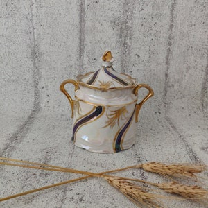 Vintage Ceramic Sugar Bowl with Flowers and Golden Edge and Handles, Art Decor Kitchen Decoration, Mother&#39;s Day Gift Idea