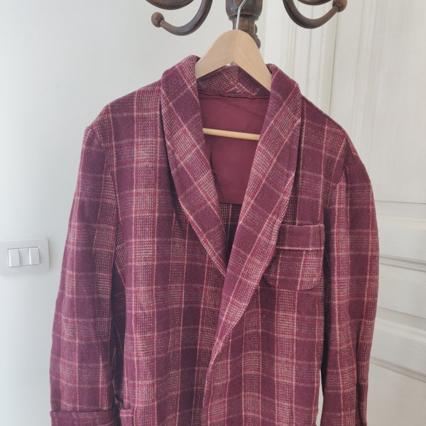 robe de chambre vintage, robe de chambre en laine hommes, veste de chambre vintage en laine, veste vintage homme, vêtements vintage, motif tartan, fabriqué en Italie