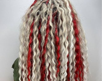 Curly DE/SE Dreadlocks: Long Soft Synthetic Ombre Mix Silver to Ash Blonde and Red, Boho Festival Hair Extensions, Unique Everyday Style