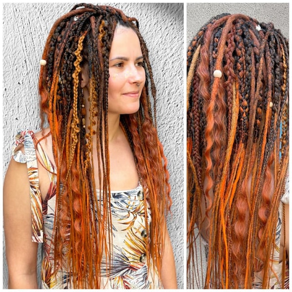 Ginger dread extension set with curly, Synthetic Ombre dreadlocks set, DE & SE dreads SET, crochet synthetic dreads, curly, 18 and 23 Inch