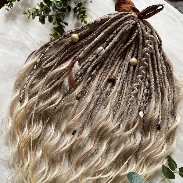 NEW! Summer Wavy synthetic dreads with charms extensions set, Ombre Wheat Blonde DE loose wave locks dreadlocks, soft long loose ends