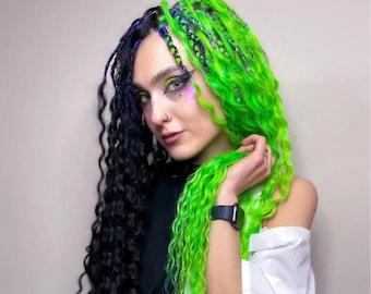 Grüne und Schwarze Curly Dreadlocks, weiche synthetische neon grün gewellte DE & SE Dreads, Lange Curly Dreadlocks