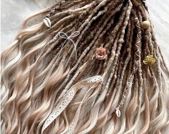 Blonde, pink peach DE loose wave locks dreadlocks, Ombre curly synthetic dreads extensions set, Boho soft long loose ends dreads
