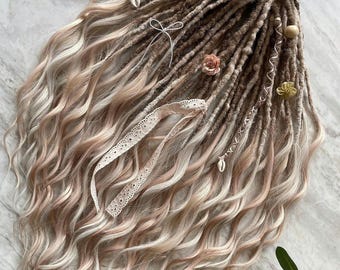 NEW! Blonde, pink peach DE loose wave locks dreadlocks, Ombre curly synthetic dreads extensions set with flowers, soft long loose ends