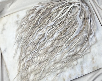 White wavy set, Wedding hairstyle, Viking Boho Style Easy to Brush, Synthetic Hair Extensions for Effortless Glam, dreads, curly, braids mix