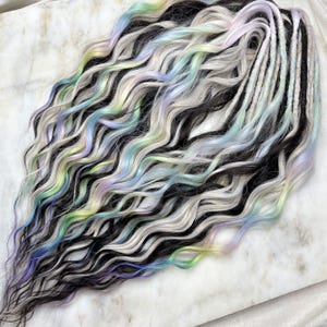 Pearl Blonde Wavy Dreads with Black & Blonde Curls | Rainbow Glitch Hair | Synthetic Temporary Locs | Loose Curly Ends | Festival Ready, DE