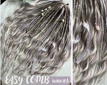NEW! Ash blonde & lilac DE loose wave dreadlocks, Ombre comb wavy dreads, synthetic dreads extensions set, soft long loose ends dreads