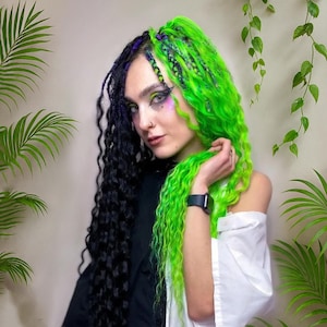 Green and black curly synthetic dreadlocks — soft, neon green waved DE & SE long dread extensions for a bold, vibrant, and stylish look