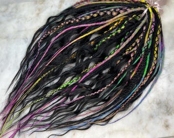 Black Curly Dreadlock Extensions, Colorful Synthetic Hair, Boho Viking Style
