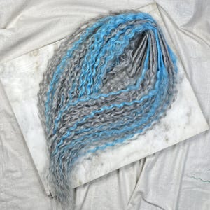 Synthetic curly dreads, gray, blue, vibrant faux locs, voluminous wavy curls for a bold, creative look, unique hairstyle, Perfect boho style