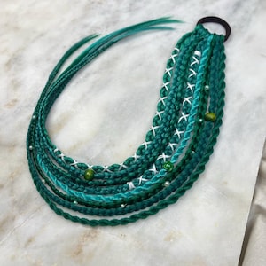 Turquoise Braids with elastic band, Viking Dreads Ponytail Extensions, synthetic hair on hairband, Hair extension, Christmas style, green