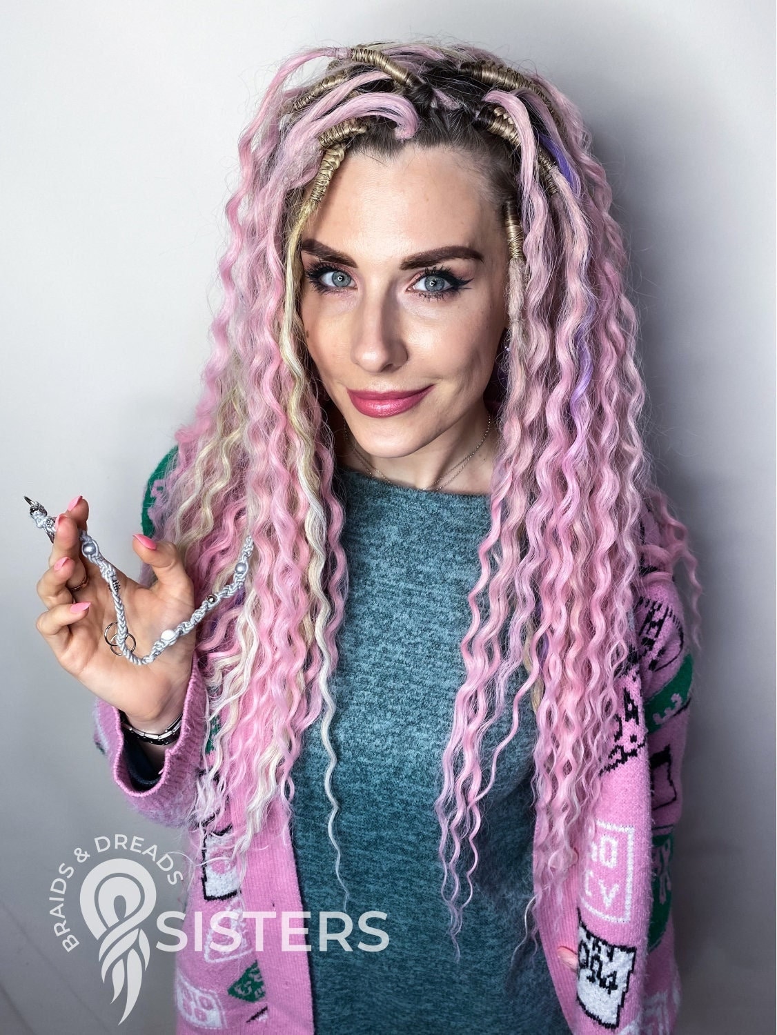 Pink & Blonde Curly Dreadlocks, Synthetic Wavy Extensions  display picture 3