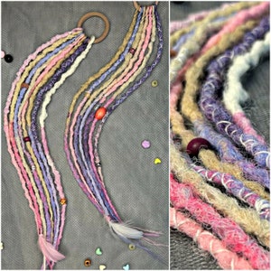 Viking DreadLocks on elastic band, Color Dreads on hairband, Crochet Dreadlock on scrunchy, Handmade Sythetic set dreads with feathers
