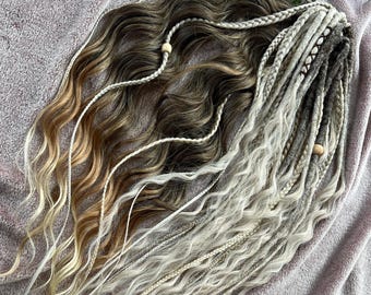 Curly Synthetic Dreadlocks, DE Dreads Full Set, Boho Brown Blonde Ombre Hair Extensions