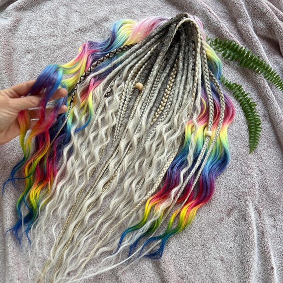 Platinum blonde rainbow ombre dreadlock extensions Rainbow Dreads Base Festival Curls - Synthetic Double Ended  main image 4