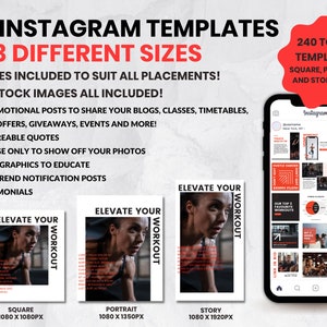 May include: 80 Instagram templates in three different sizes: square, portrait, and story. The templates feature a red and white color scheme with the text "Elevate Your Workout". The templates are designed for use on social media.