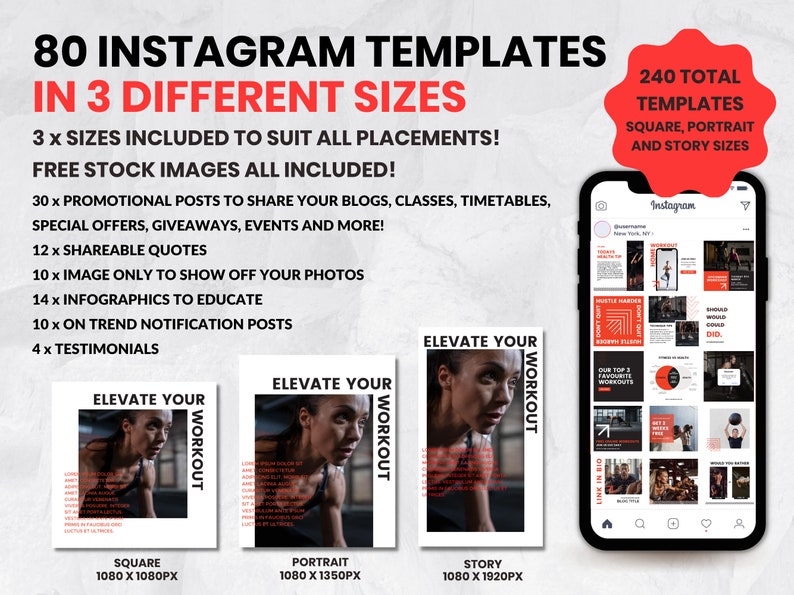 May include: 80 Instagram templates in three different sizes: square, portrait, and story. The templates feature a red and white color scheme with the text "Elevate Your Workout". The templates are designed for use on social media.