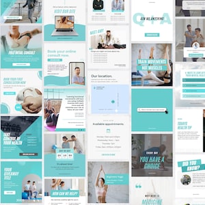 K&ouml;nnte beinhalten: Eine Collage von Bildern, die eine Physiotherapie-Praxis bewerben. Die Bilder zeigen eine Vielzahl von Dienstleistungen, darunter Online-Beratungen, pers&ouml;nliche Termine und ein Gewinnspiel. Der Text in den Bildern enth&auml;lt S&auml;tze wie "Trainiere Bewegungen, nicht Muskeln", "Nimm deine Gesundheit in die Hand" und "Unser Standort".