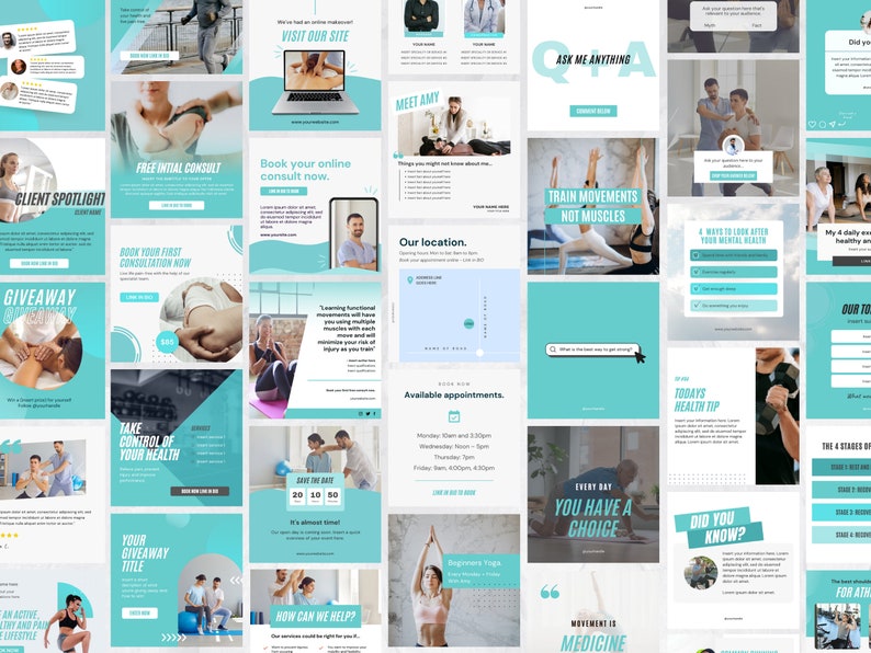K&ouml;nnte beinhalten: Eine Collage von Bildern, die eine Physiotherapie-Praxis bewerben. Die Bilder zeigen eine Vielzahl von Dienstleistungen, darunter Online-Beratungen, pers&ouml;nliche Termine und ein Gewinnspiel. Der Text in den Bildern enth&auml;lt S&auml;tze wie "Trainiere Bewegungen, nicht Muskeln", "Nimm deine Gesundheit in die Hand" und "Unser Standort".