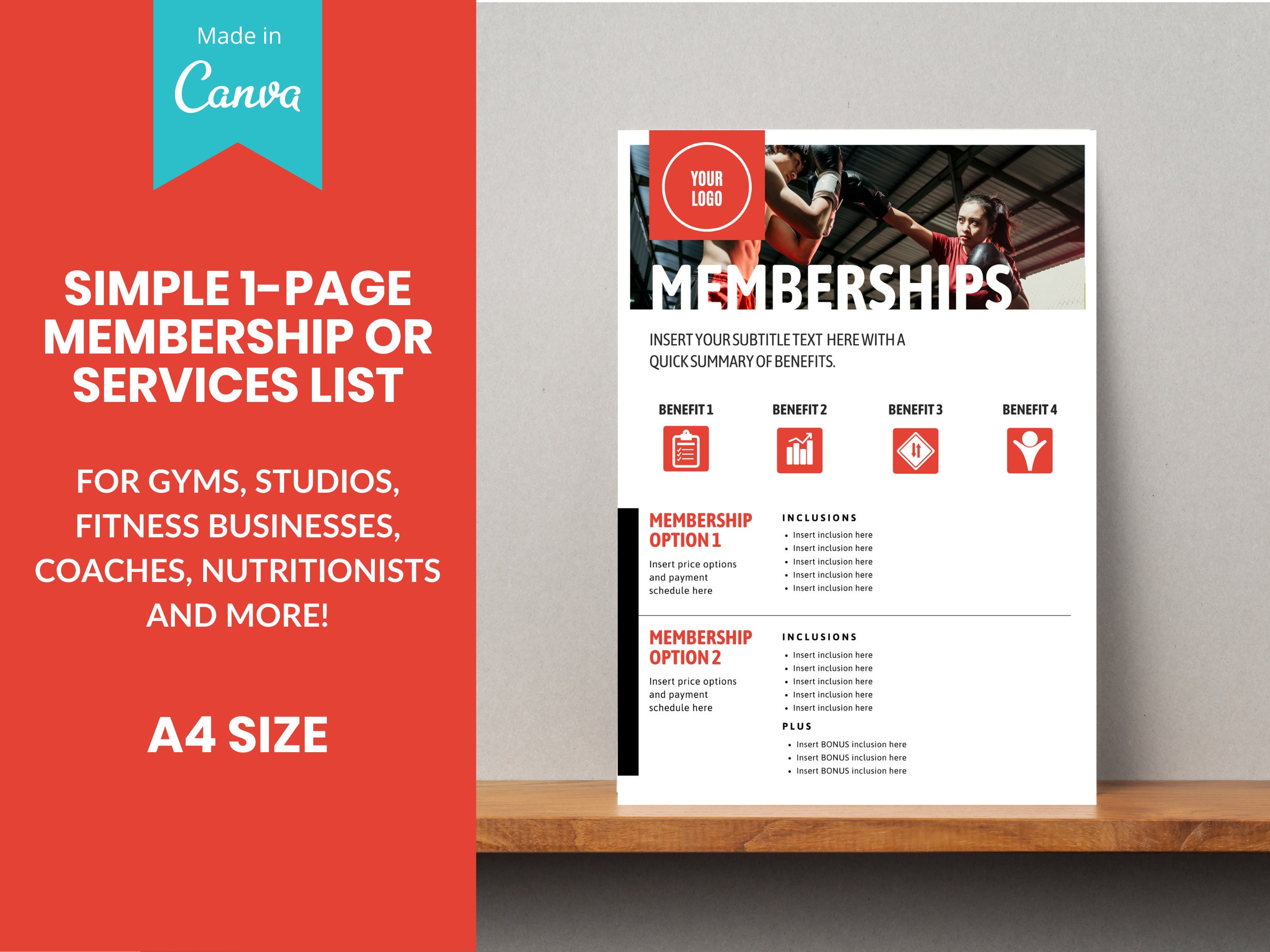 Simple Membership Price List, Services List Canva Templates for Gyms,  Crossfit Gym, Coaches, Yoga, Studio Fitness Business 