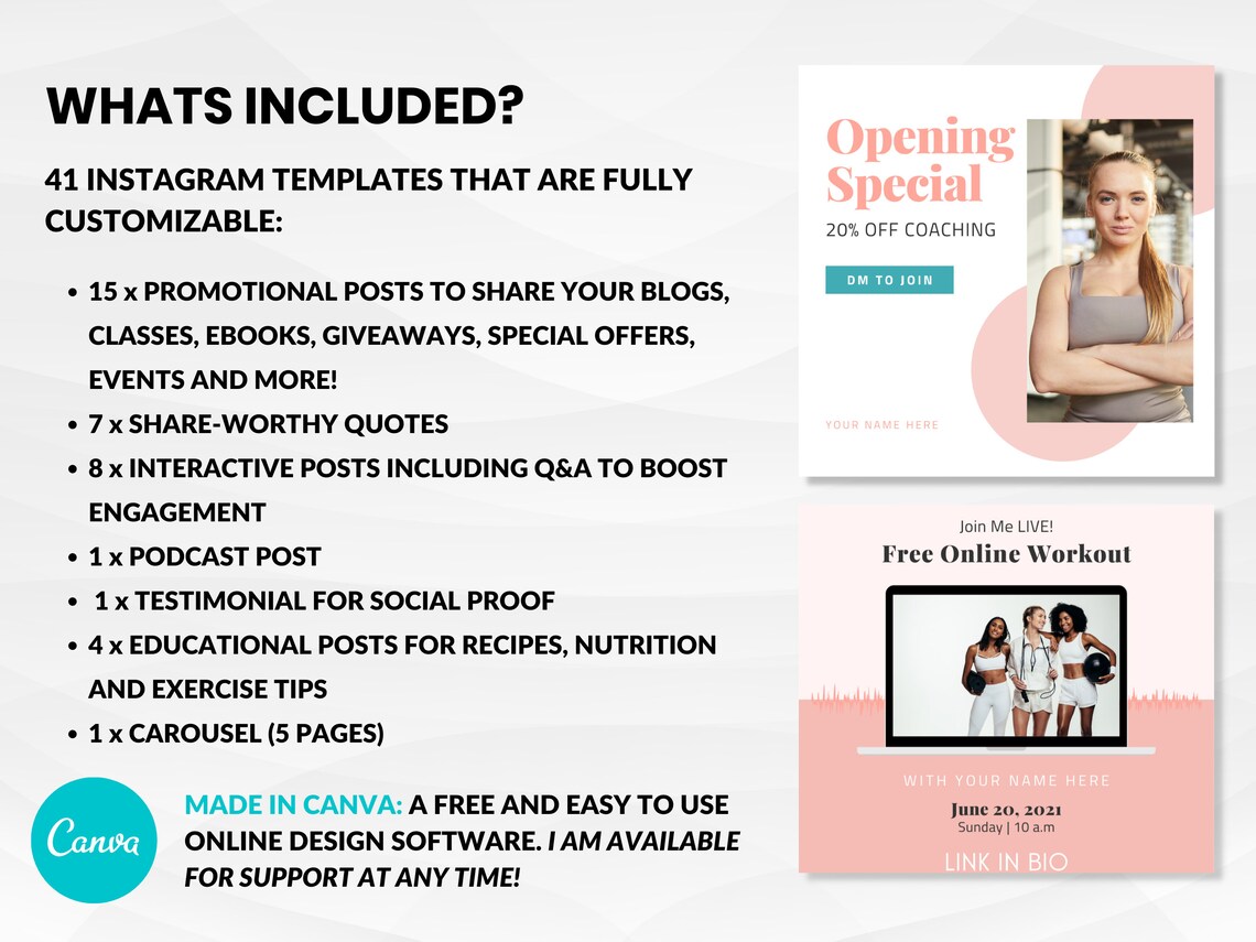 41 Fitness Coach Instagram Templates Canva Social Media Etsy