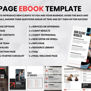 May include: A 20-page ebook template designed to introduce new clients to a business. The template includes pages for a table of contents, about us, meet the team, brand values, introduction, getting started checklist, services or offerings, client results, client testimonial, new offer or upsell, info page, resource library, FAQs, and a final welcome page.