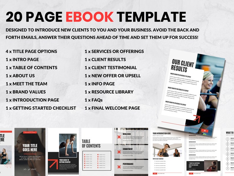 May include: A 20-page ebook template designed to introduce new clients to a business. The template includes pages for a table of contents, about us, meet the team, brand values, introduction, getting started checklist, services or offerings, client results, client testimonial, new offer or upsell, info page, resource library, FAQs, and a final welcome page.