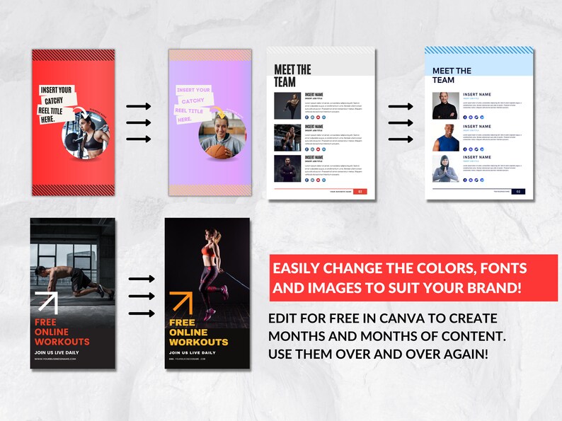 May include: A collage of images promoting free online workouts. The images feature people exercising, including a woman doing jumping jacks, a man doing a plank, and a woman lifting weights. The text on the images reads "Free Online Workouts" and "Join Us Live Daily".