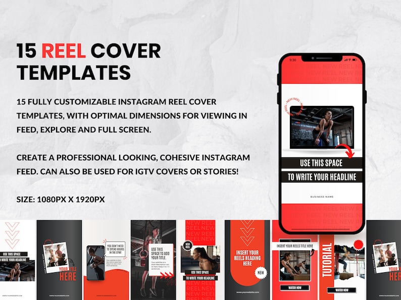 May include: Fifteen customizable Instagram reel cover templates with optimal dimensions for viewing in feed, explore, and full screen. Create a professional looking, cohesive Instagram feed. Can also be used for IGTV covers or stories. Size: 1080px x 1920px.  Use this space to write your headline.