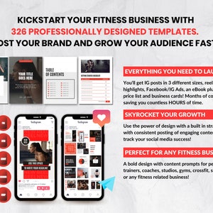 May include: A red and white graphic with the text "Kickstart Your Fitness Business with 326 Professionally Designed Templates. Boost Your Brand and Grow Your Audience Faster."  The graphic also includes images of fitness-related content, such as a table of contents, a workout checklist, and social media posts.