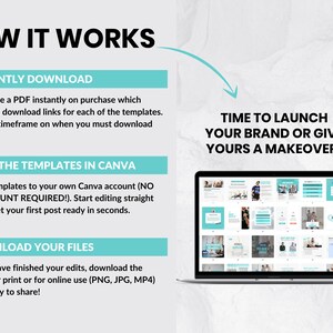 K&ouml;nnte beinhalten: Ein Laptop-Bildschirm zeigt verschiedene Social-Media-Post-Vorlagen f&uuml;r eine Fitness-Marke. Der Text auf dem Bildschirm lautet "Time to launch your brand or give yours a makeover!"