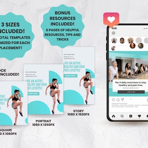K&ouml;nnte beinhalten: Drei Social-Media-Vorlagen f&uuml;r ein Fitness- oder Wellness-Unternehmen. Die Vorlagen zeigen eine Frau beim Sport und den Text "Lebe ein aktives, gesundes und schmerzfreies Leben. Jetzt buchen." Die Vorlagen sind in den Gr&ouml;&szlig;en Quadrat, Hochformat und Story verf&uuml;gbar.