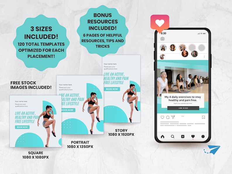 K&ouml;nnte beinhalten: Drei Social-Media-Vorlagen f&uuml;r ein Fitness- oder Wellness-Unternehmen. Die Vorlagen zeigen eine Frau beim Sport und den Text "Lebe ein aktives, gesundes und schmerzfreies Leben. Jetzt buchen." Die Vorlagen sind in den Gr&ouml;&szlig;en Quadrat, Hochformat und Story verf&uuml;gbar.