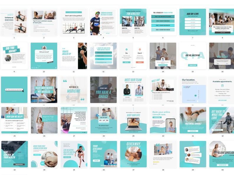 K&ouml;nnte beinhalten: Eine Collage aus 40 Instagram-Posts f&uuml;r ein Physiotherapie-Unternehmen. Die Posts zeigen Bilder von Menschen, die trainieren, Physiotherapie erhalten, und Text &uuml;ber die Dienstleistungen des Unternehmens. Die Posts sollen neue Kunden gewinnen und die Marke des Unternehmens f&ouml;rdern.