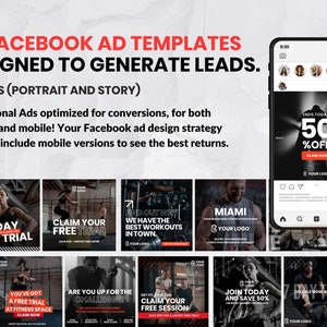 May include: Twenty Facebook ad templates designed to generate leads. The templates are in two sizes: portrait and story. The ads feature images of people working out in a gym, with text that includes phrases like "7 Day Free Trial", "Claim Your Free Trial", "Find Out Why We Have The Best Workouts In Town", "Are You Up For The Challenge", "Claim Your Free Session", "Join Today And Save 50%", and "30-Save".