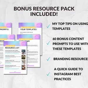 K&ouml;nnte beinhalten: Ein Bonus-Ressourcenpaket f&uuml;r Social-Media-Vorlagen enth&auml;lt Content-Prompts, einen Schnellleitfaden zu den besten Instagram-Praktiken, Branding-Ressourcen und 60 Bonus-Content-Prompts, die mit den Vorlagen verwendet werden k&ouml;nnen.