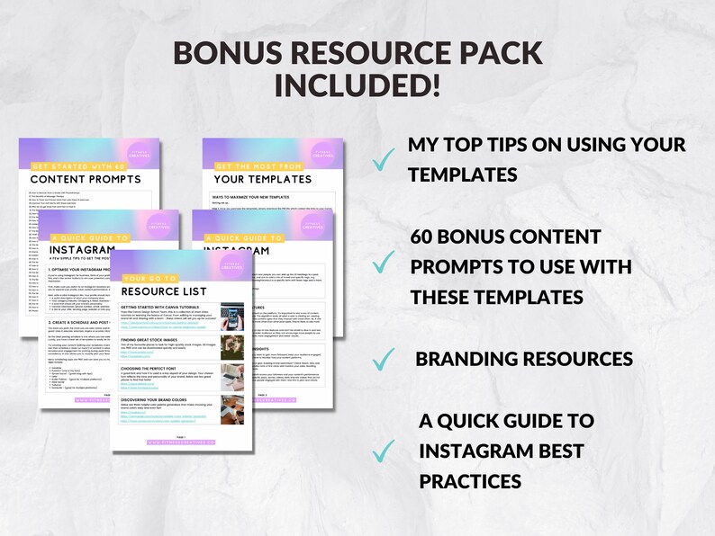 K&ouml;nnte beinhalten: Ein Bonus-Ressourcenpaket f&uuml;r Social-Media-Vorlagen enth&auml;lt Content-Prompts, einen Schnellleitfaden zu den besten Instagram-Praktiken, Branding-Ressourcen und 60 Bonus-Content-Prompts, die mit den Vorlagen verwendet werden k&ouml;nnen.