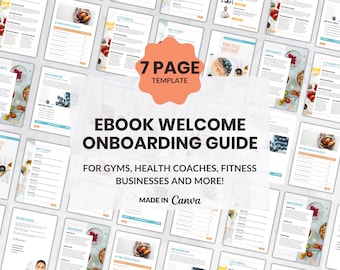 Może przedstawiać: Szablon e-booka na 7 stron dla siłowni, trenerów zdrowia i firm fitness. Szablon został stworzony w Canva i charakteryzuje się jasnoniebieską i pomarańczową kolorystyką z motywem owoców i jagód.