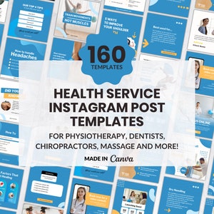May include: A collage of 160 blue and yellow Instagram post templates for health service providers, including physical therapists, dentists, chiropractors, and massage therapists. The text "HEALTH SERVICE INSTAGRAM POST TEMPLATES" is in a large, bold font. The text "FOR PHYSIOTHERAPY, DENTISTS, CHIROPRACTORS, MASSAGE AND MORE!" is in a smaller font. The text "MADE IN Canva" is in a smaller font.