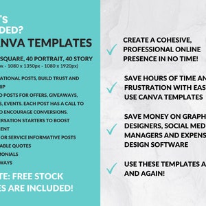 K&ouml;nnte beinhalten: Eine t&uuml;rkisfarbene und wei&szlig;e Grafik mit dem Text "What's Included? 40 Canva Templates" und einer Liste von 40 Canva-Vorlagen f&uuml;r Social-Media-Posts. Die Grafik enth&auml;lt auch den Text "Erstellen Sie eine zusammenh&auml;ngende, professionelle Online-Pr&auml;senz im Handumdrehen!" und "Update: Kostenlose Stock-Bilder sind enthalten!"