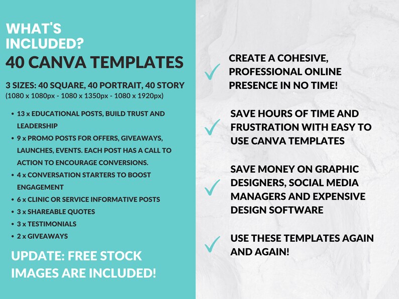 K&ouml;nnte beinhalten: Eine t&uuml;rkisfarbene und wei&szlig;e Grafik mit dem Text "What's Included? 40 Canva Templates" und einer Liste von 40 Canva-Vorlagen f&uuml;r Social-Media-Posts. Die Grafik enth&auml;lt auch den Text "Erstellen Sie eine zusammenh&auml;ngende, professionelle Online-Pr&auml;senz im Handumdrehen!" und "Update: Kostenlose Stock-Bilder sind enthalten!"