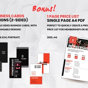 May include: A set of three double-sided business cards with six different designs. The cards are black with red accents and feature a fitness theme. The cards are 5 x 8.5 cm in size. The image also includes a single page A4 PDF price list for memberships or services. The price list is white with red accents and features a photo of people working out. The price list includes a section for membership options and benefits.