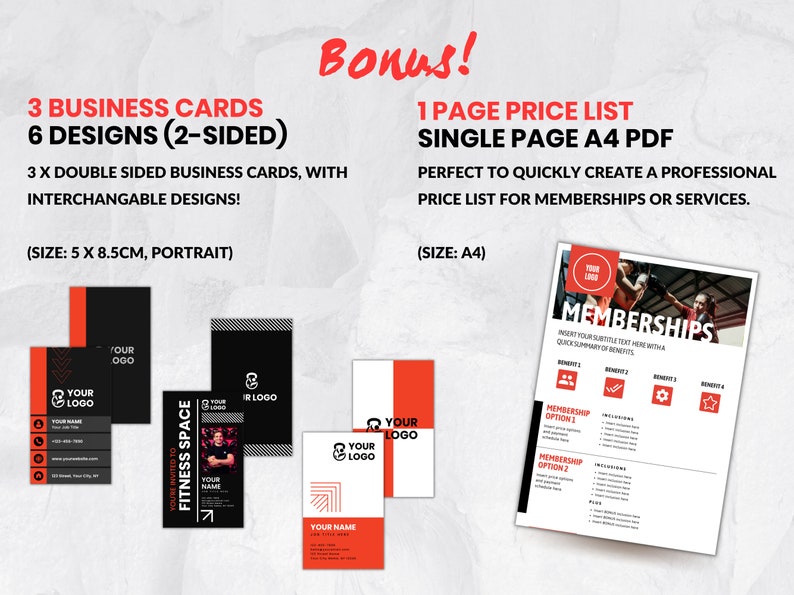 May include: A set of three double-sided business cards with six different designs. The cards are black with red accents and feature a fitness theme. The cards are 5 x 8.5 cm in size. The image also includes a single page A4 PDF price list for memberships or services. The price list is white with red accents and features a photo of people working out. The price list includes a section for membership options and benefits.