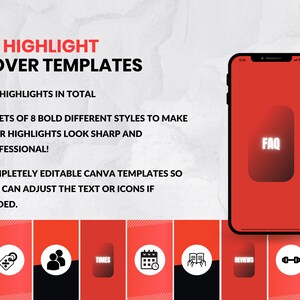 May include: A mockup of a smartphone screen displaying 24 Instagram highlight cover templates. The templates are red and black with white icons and text. The text on the screen reads "FAQ".